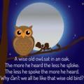 financial planning advice_clipart owl in tree with moon background with text as to wisdom of listening more than speaking