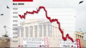 graph of falling share market valuation against background of Greek pantheon