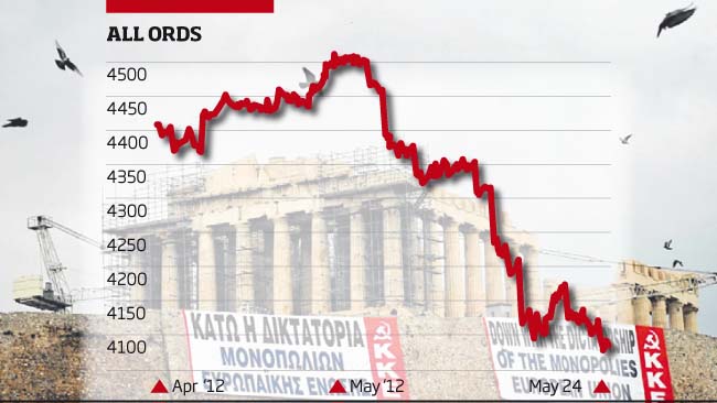investors ignore volatility - graph of falling share market valuation against background of Greek pantheon