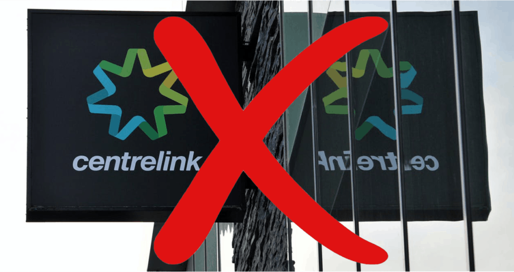Centrelink logo at office reflected on office window with red cross indicating financial assistance unavailable during income maintenance period