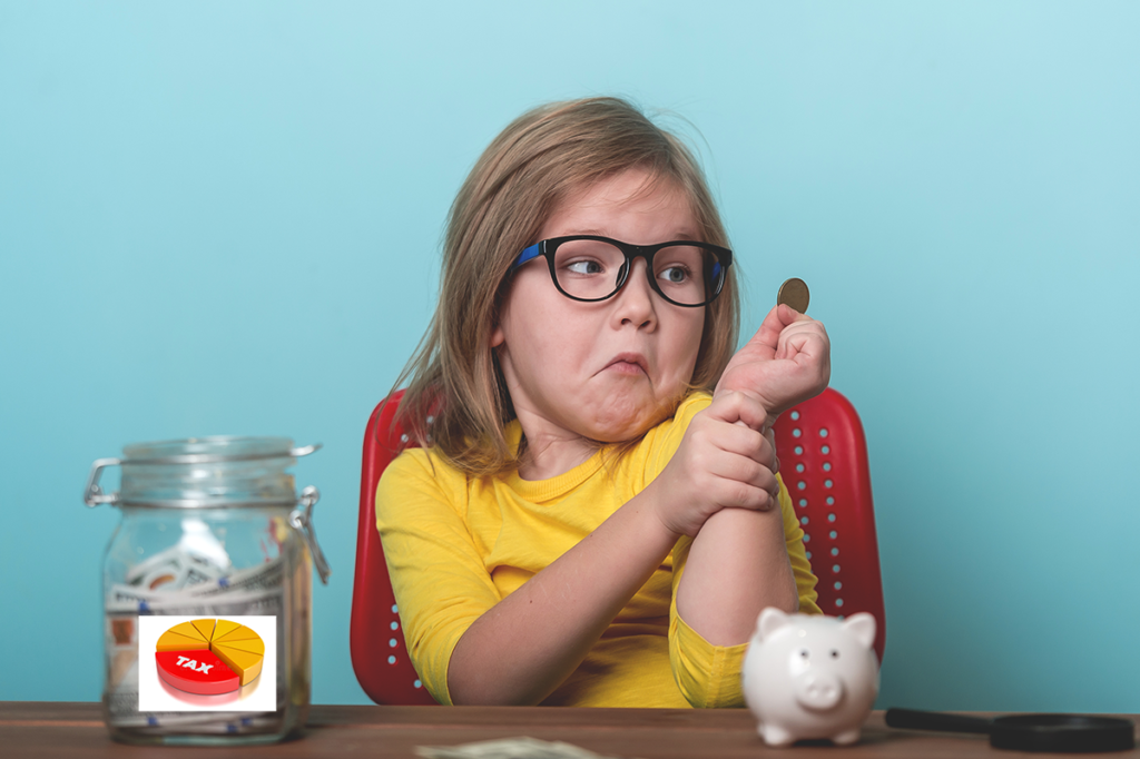 child holding up money has upset expression on face that tax is being taken from her investment income
