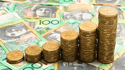 australian currency - hundred dollarnotes and escalating piles of one dollar gold coins