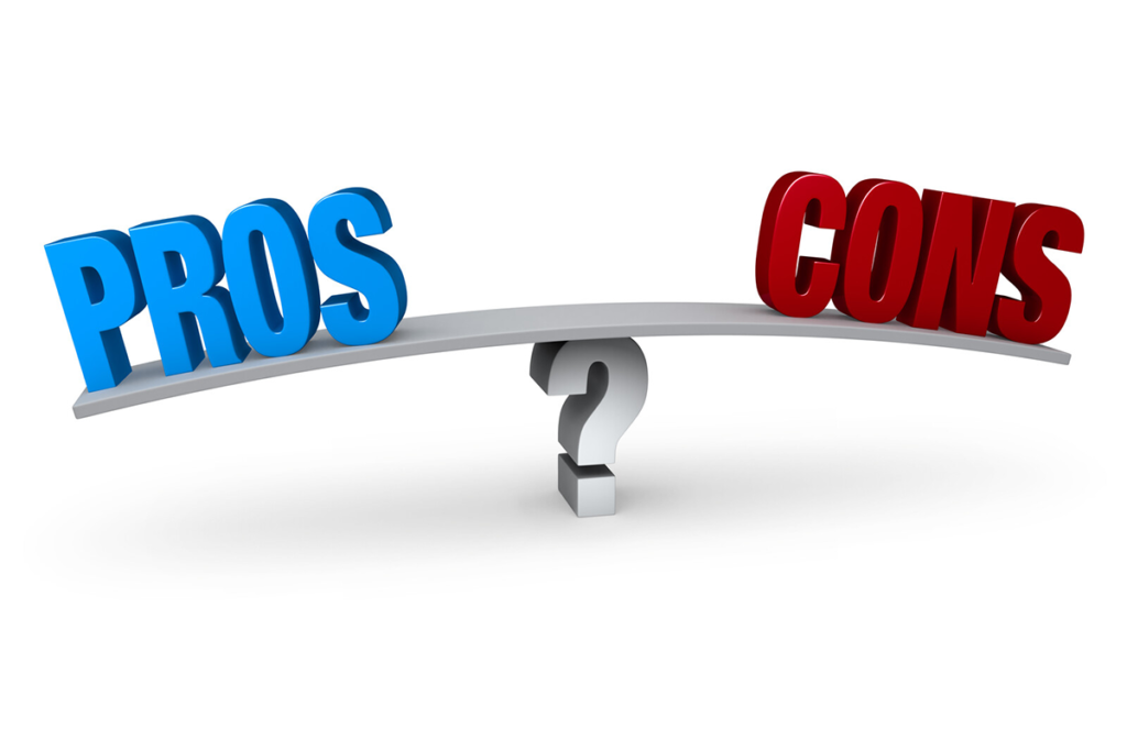 the words pros in blue letters and cons in red letters on a balance over a question mark