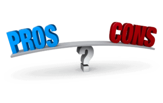 the words pros in blue letters and cons in red letters on a balance over a question mark