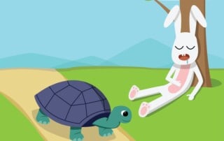 clipart of tortoise slowly but persistently moving forward as it passes exhausted hare resting under a tree